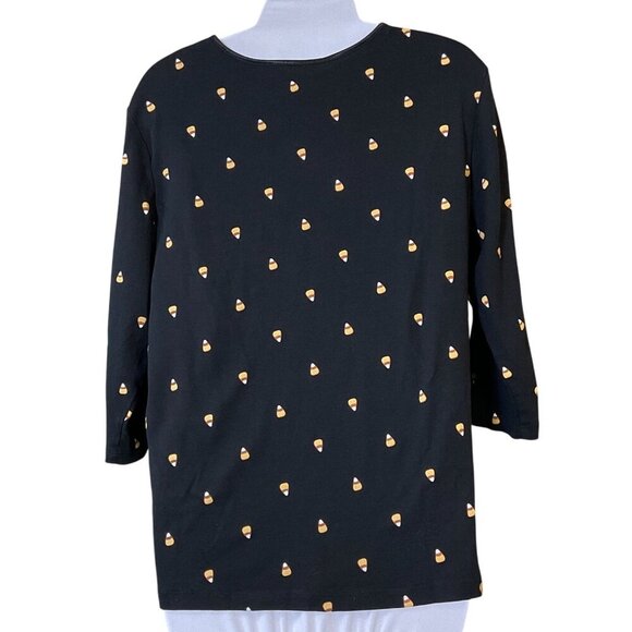 Christopher & Banks 3/4 Sleeve Candy Corn Satin Trim Black Cotton Tee XL - Picture 3 of 6